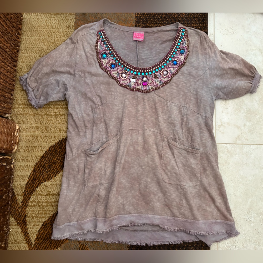 Free People Taupe Short Sleeve Tee with Multicolor Beaded Scoop Neck